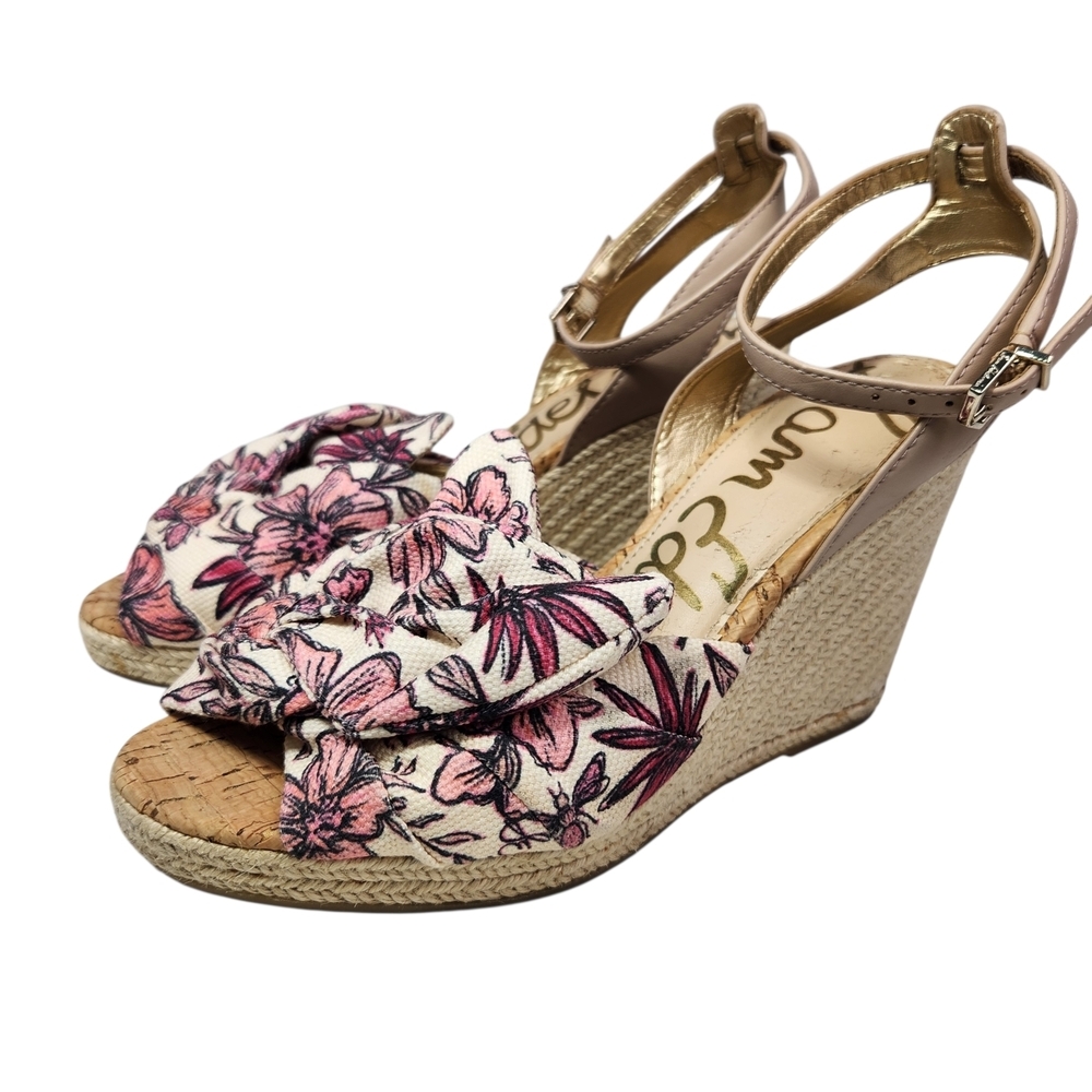 Sam Edelman Aubrey Pink Multi Floral Wedge Sandal Size 7.5 Cottagecore Garden